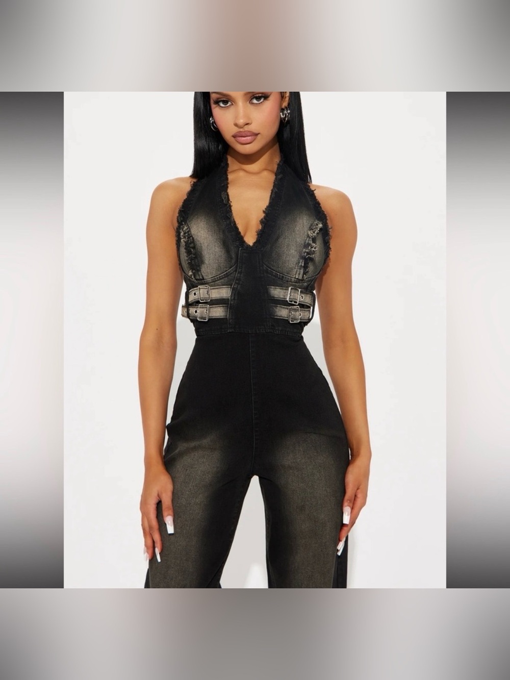 Washed Black Denim Halter wide leg jumpsuit